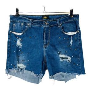 Dkin Womans Plus 22W Shorts Stretch Blue Denim Embellished Distressed‎ Pockets